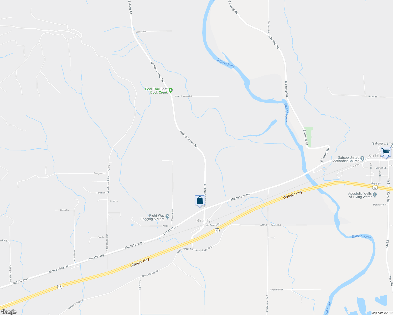 map of restaurants, bars, coffee shops, grocery stores, and more near 67 Middle Satsop Road in Montesano