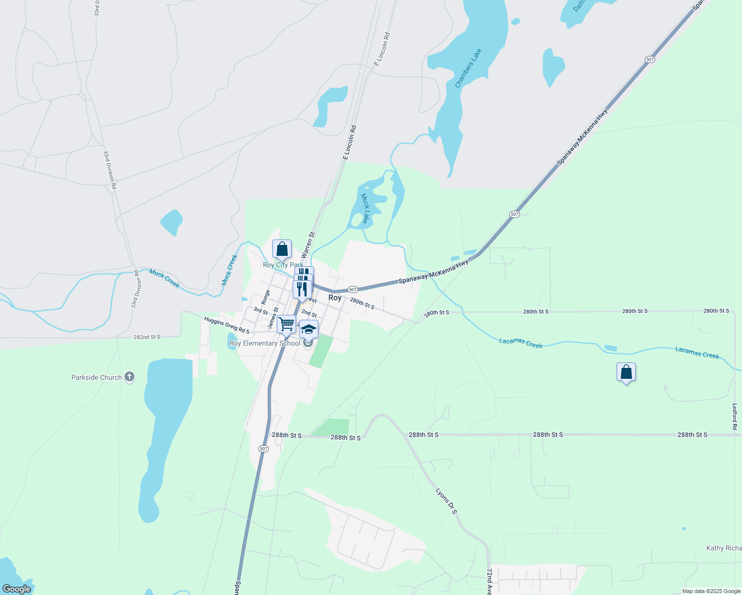map of restaurants, bars, coffee shops, grocery stores, and more near 7915 280th Street South in Roy