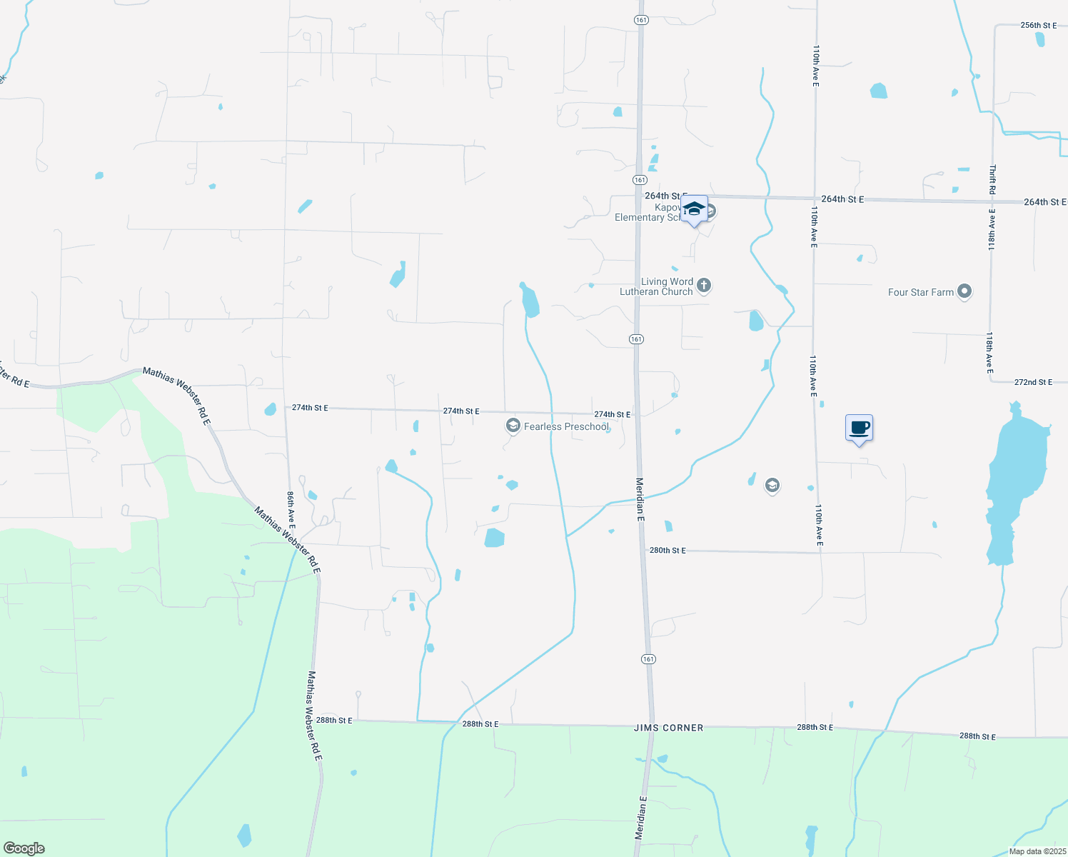 map of restaurants, bars, coffee shops, grocery stores, and more near 9704 274th Street East in Graham