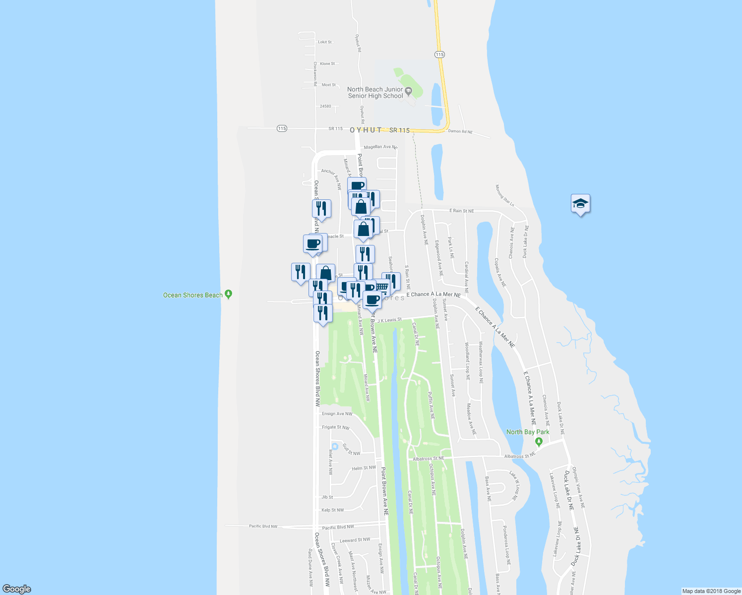 map of restaurants, bars, coffee shops, grocery stores, and more near in Ocean Shores