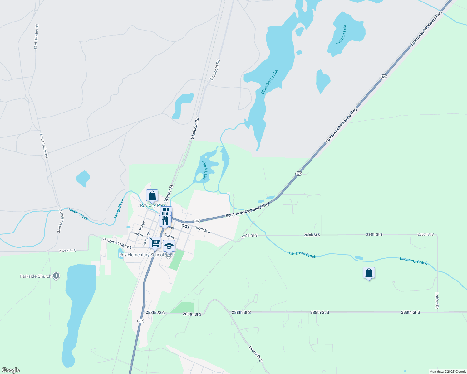 map of restaurants, bars, coffee shops, grocery stores, and more near 27810 Washington 507 in Roy