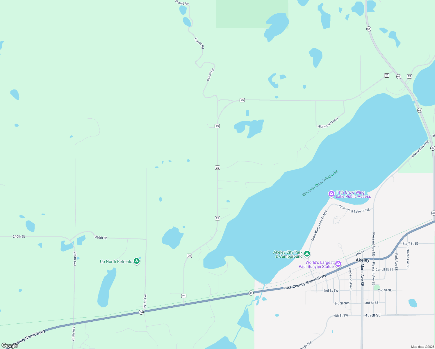 map of restaurants, bars, coffee shops, grocery stores, and more near County 25 in Akeley