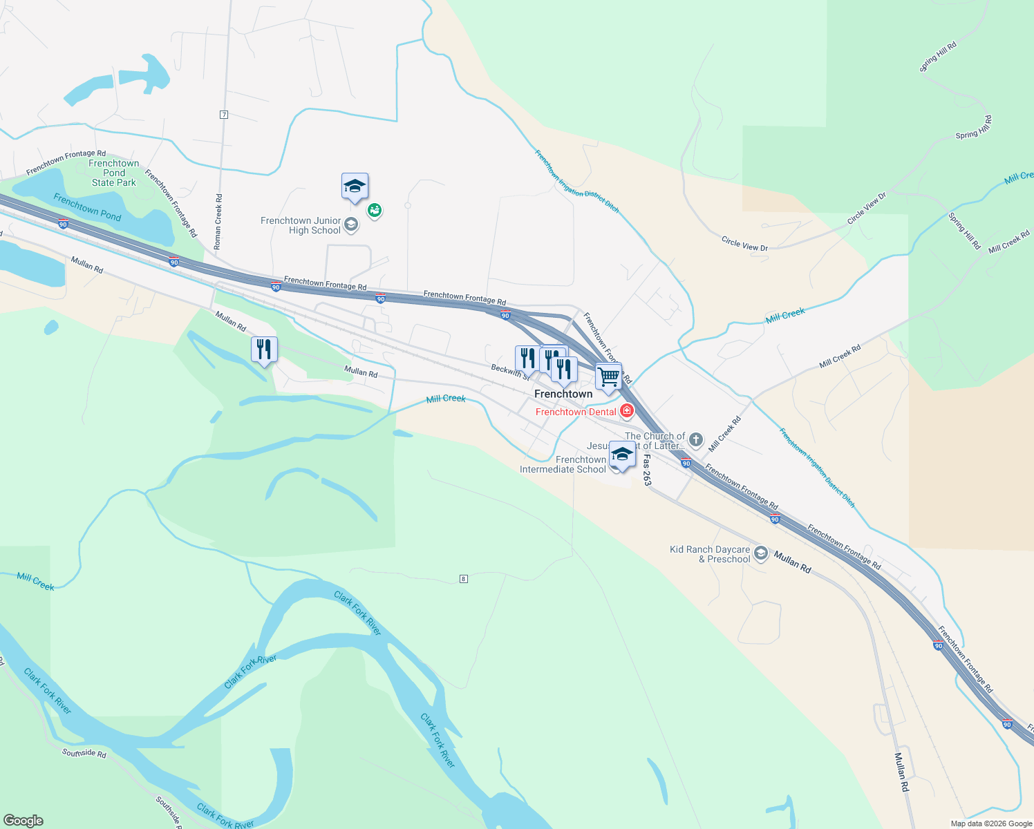 map of restaurants, bars, coffee shops, grocery stores, and more near 23500 Mullan Rd in Frenchtown
