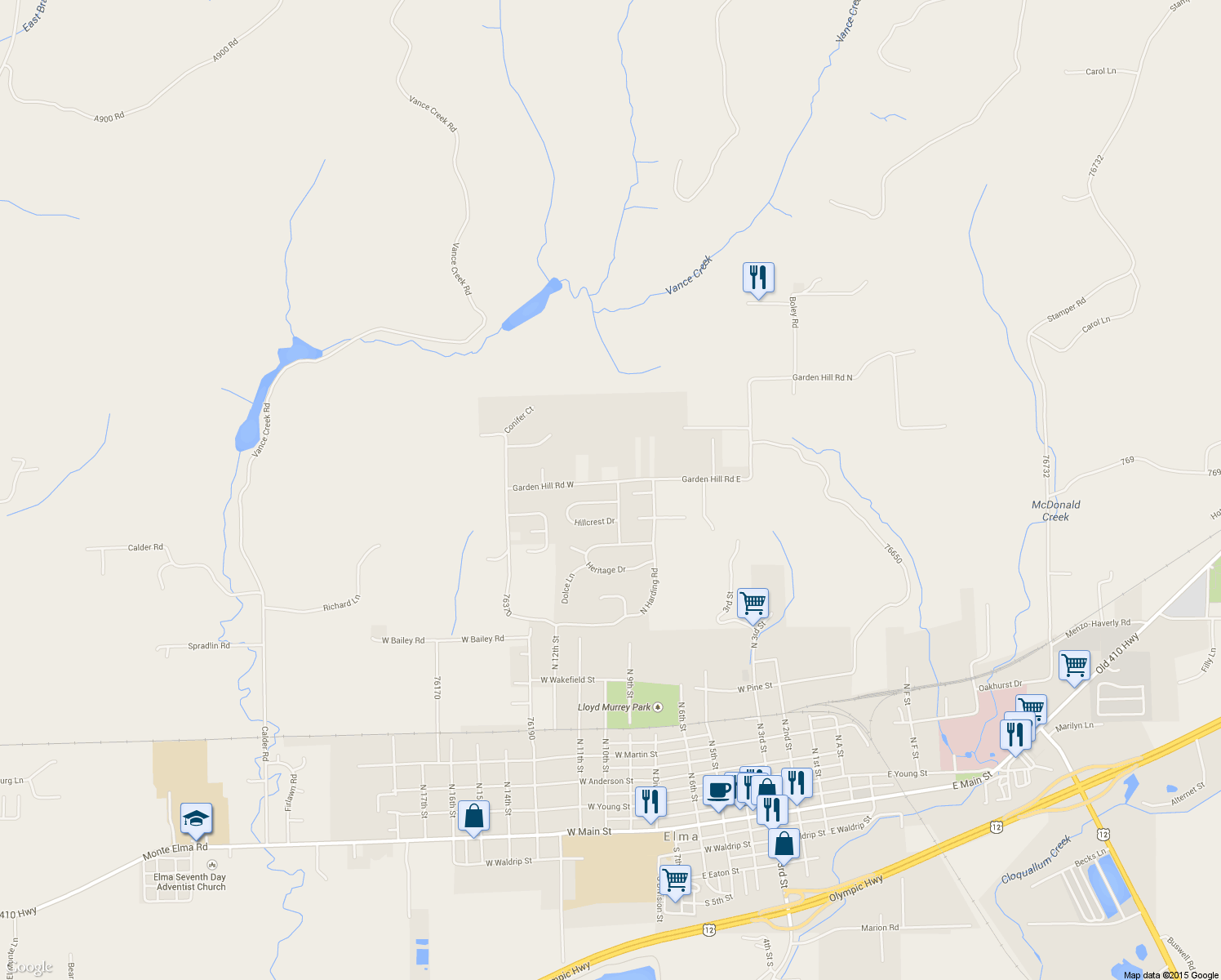 map of restaurants, bars, coffee shops, grocery stores, and more near 101 Garden Hill Rd W in Elma