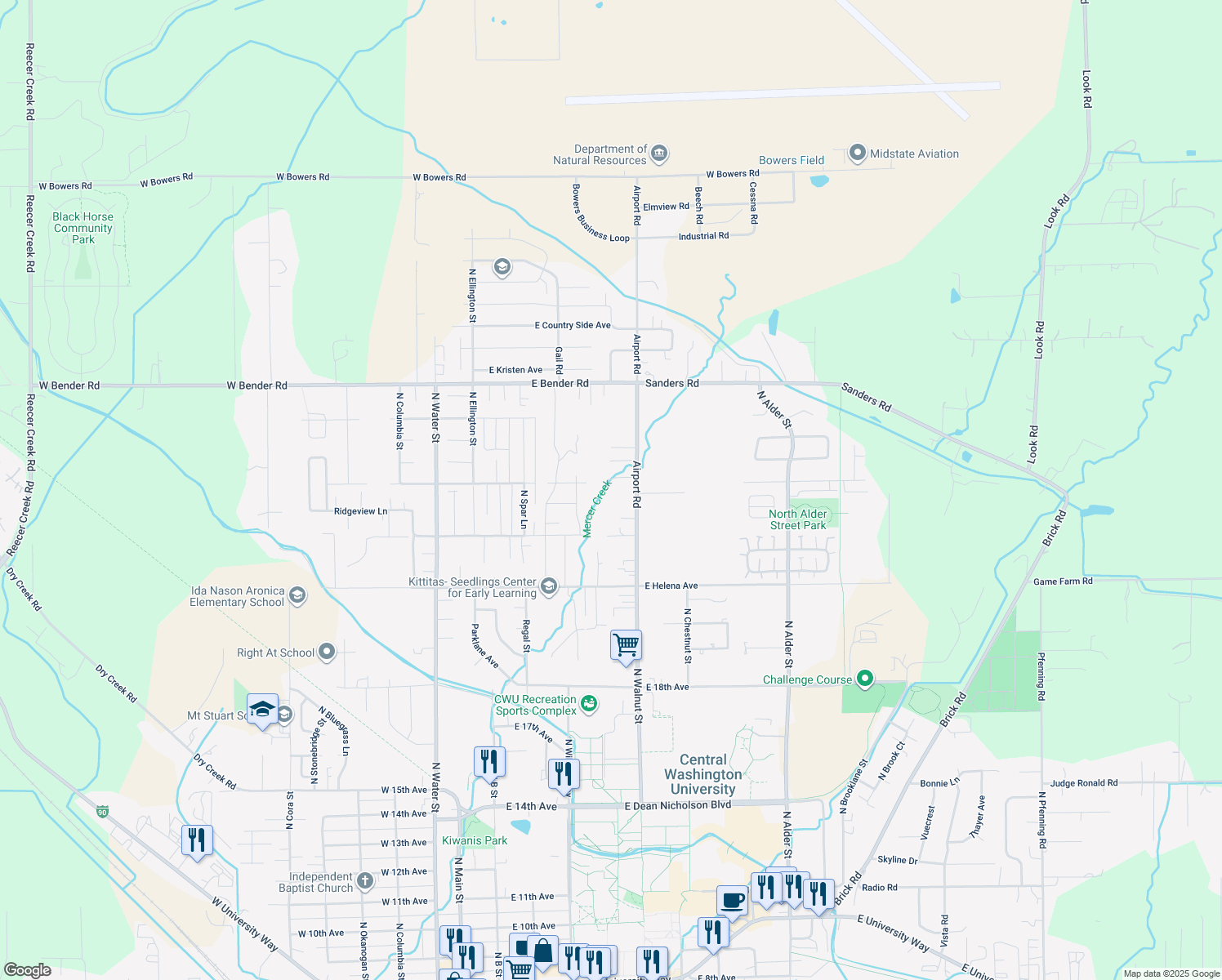 map of restaurants, bars, coffee shops, grocery stores, and more near 2407 Airport Road in Ellensburg