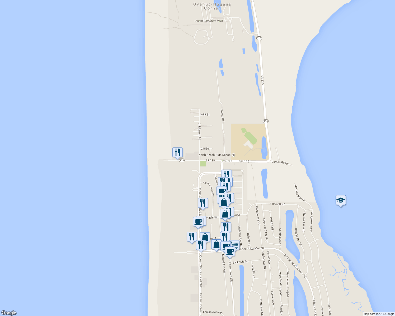 map of restaurants, bars, coffee shops, grocery stores, and more near 512 Damon Road in Hoquiam
