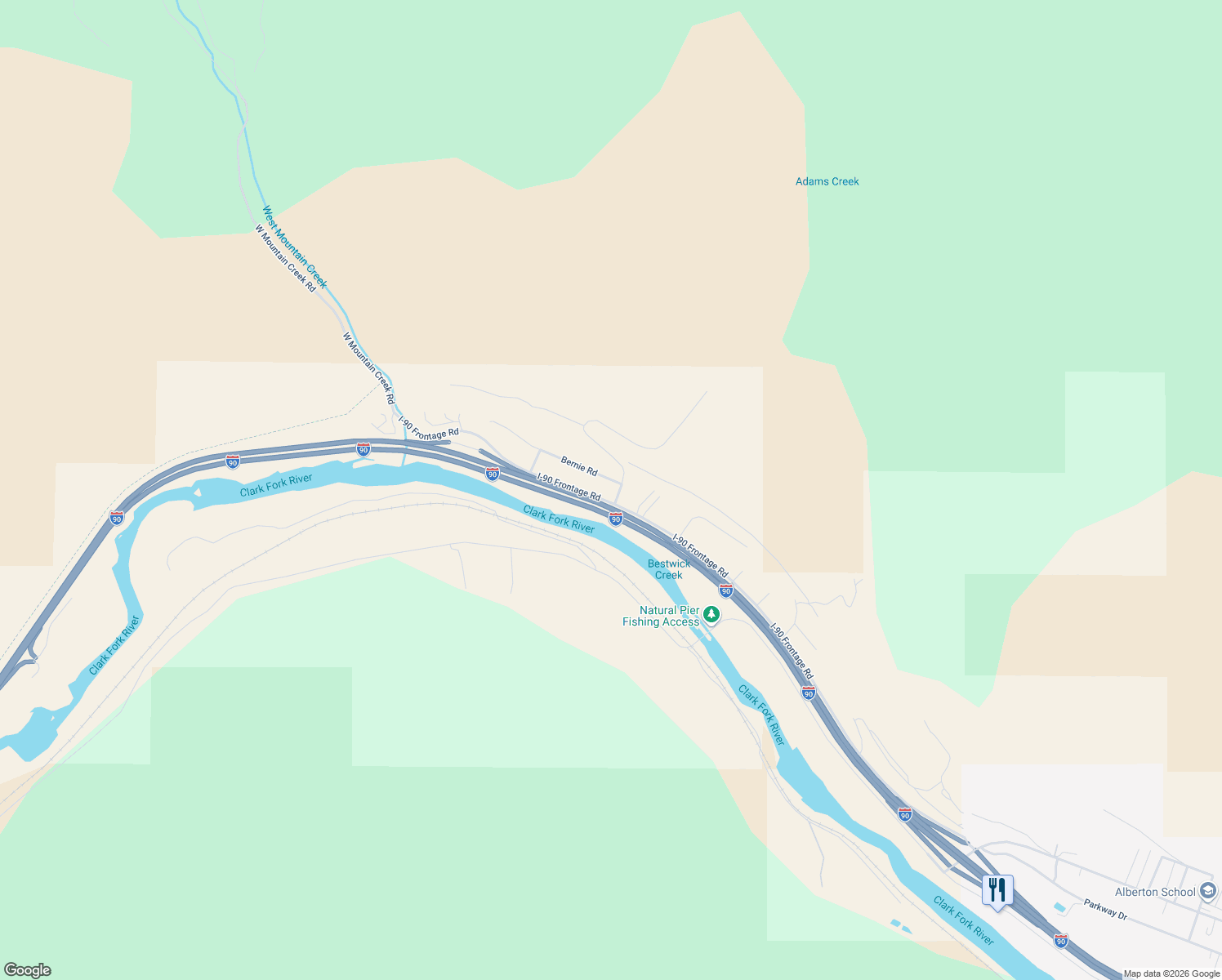 map of restaurants, bars, coffee shops, grocery stores, and more near 1180 Interstate 90 Frontage Road in Alberton