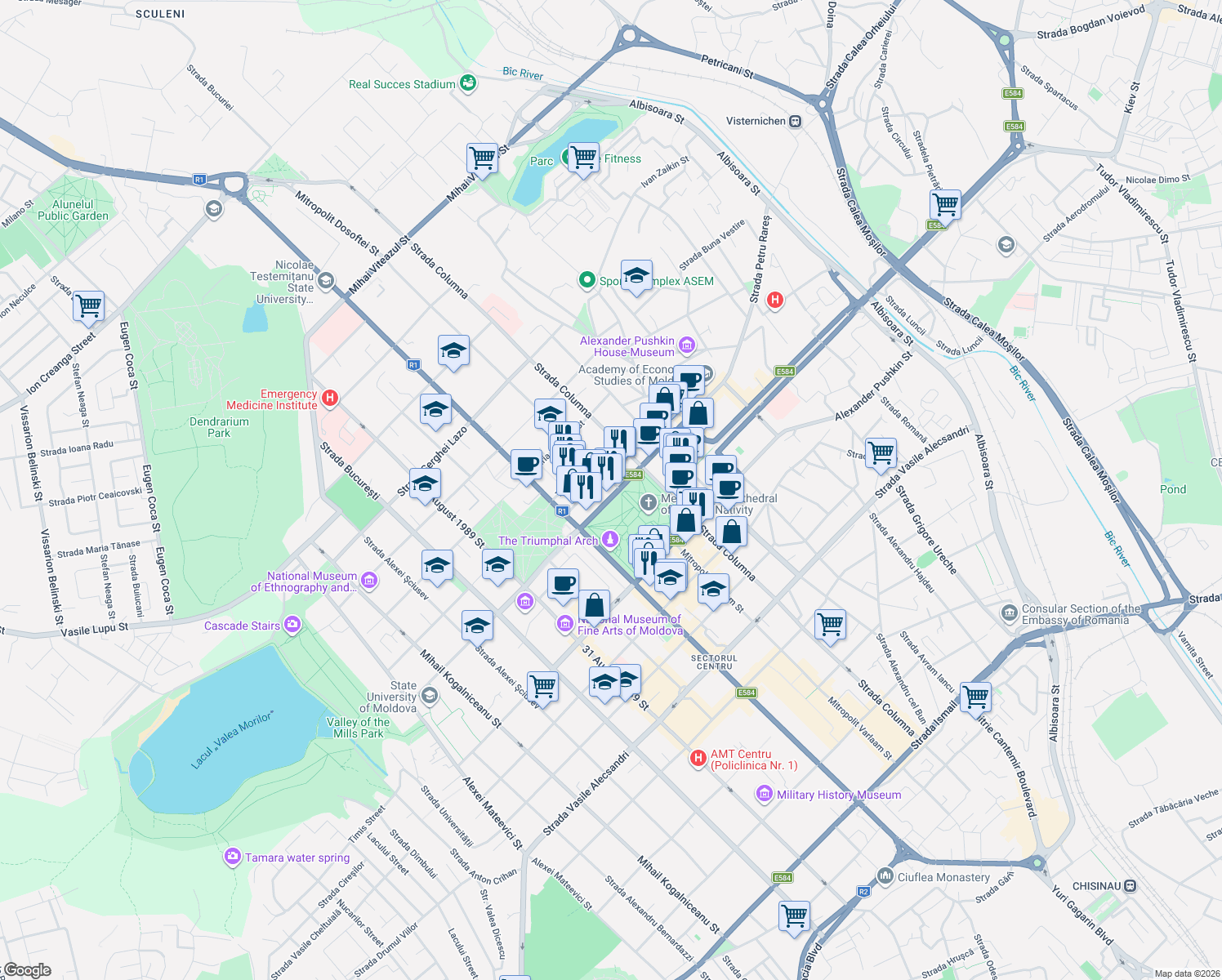 map of restaurants, bars, coffee shops, grocery stores, and more near 45 Strada Mitropolit Gavriil Bănulescu-Bodoni in Chisinau
