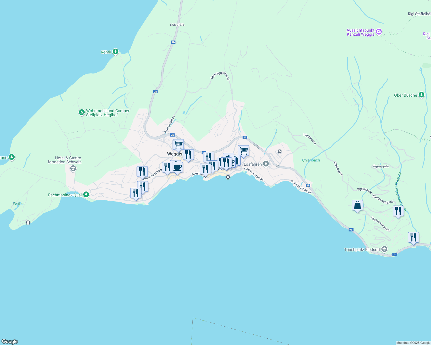 map of restaurants, bars, coffee shops, grocery stores, and more near 16 Seestrasse in Weggis
