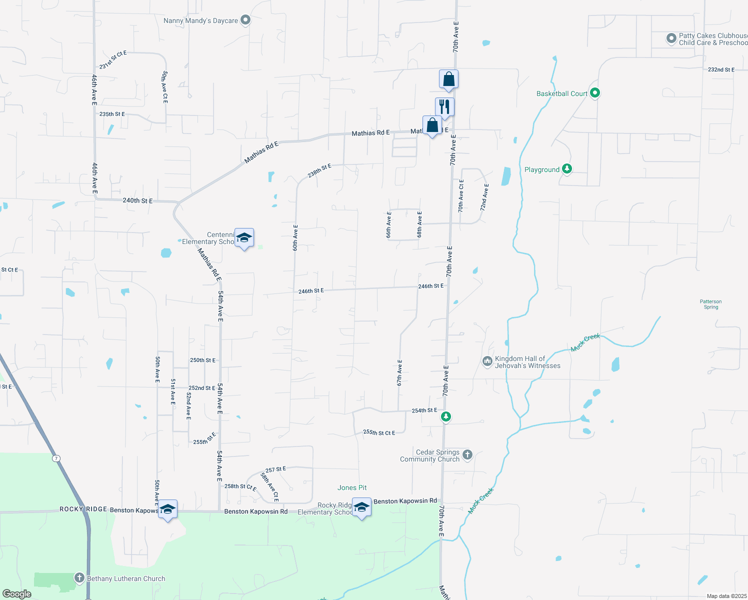 map of restaurants, bars, coffee shops, grocery stores, and more near 24612 65th Avenue Court East in Graham