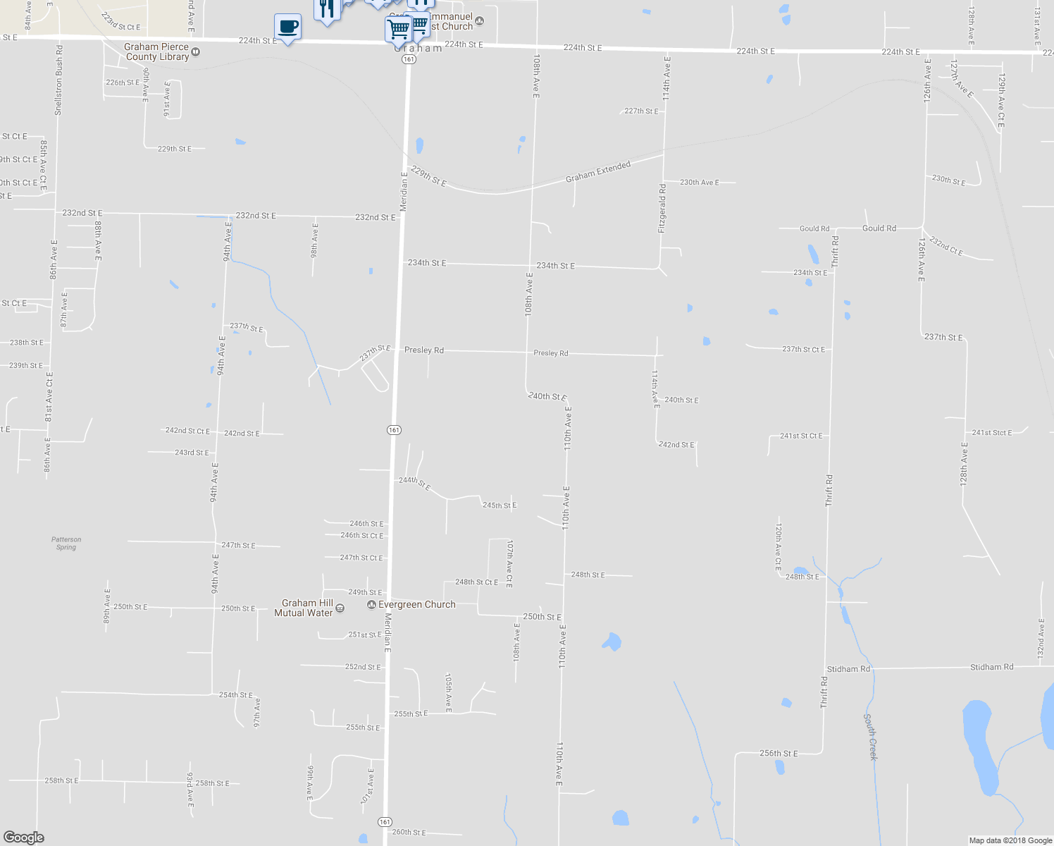 map of restaurants, bars, coffee shops, grocery stores, and more near 10810 240th Street East in Graham