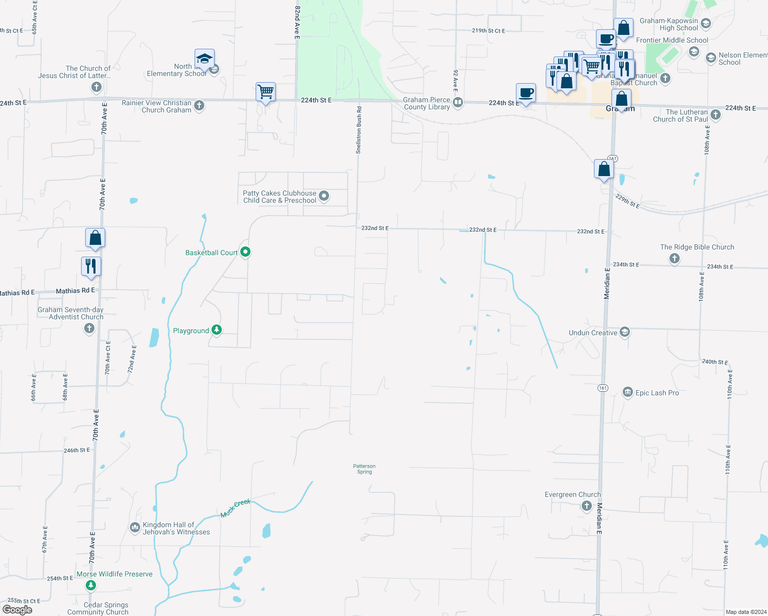map of restaurants, bars, coffee shops, grocery stores, and more near 23611 88th Avenue East in Graham