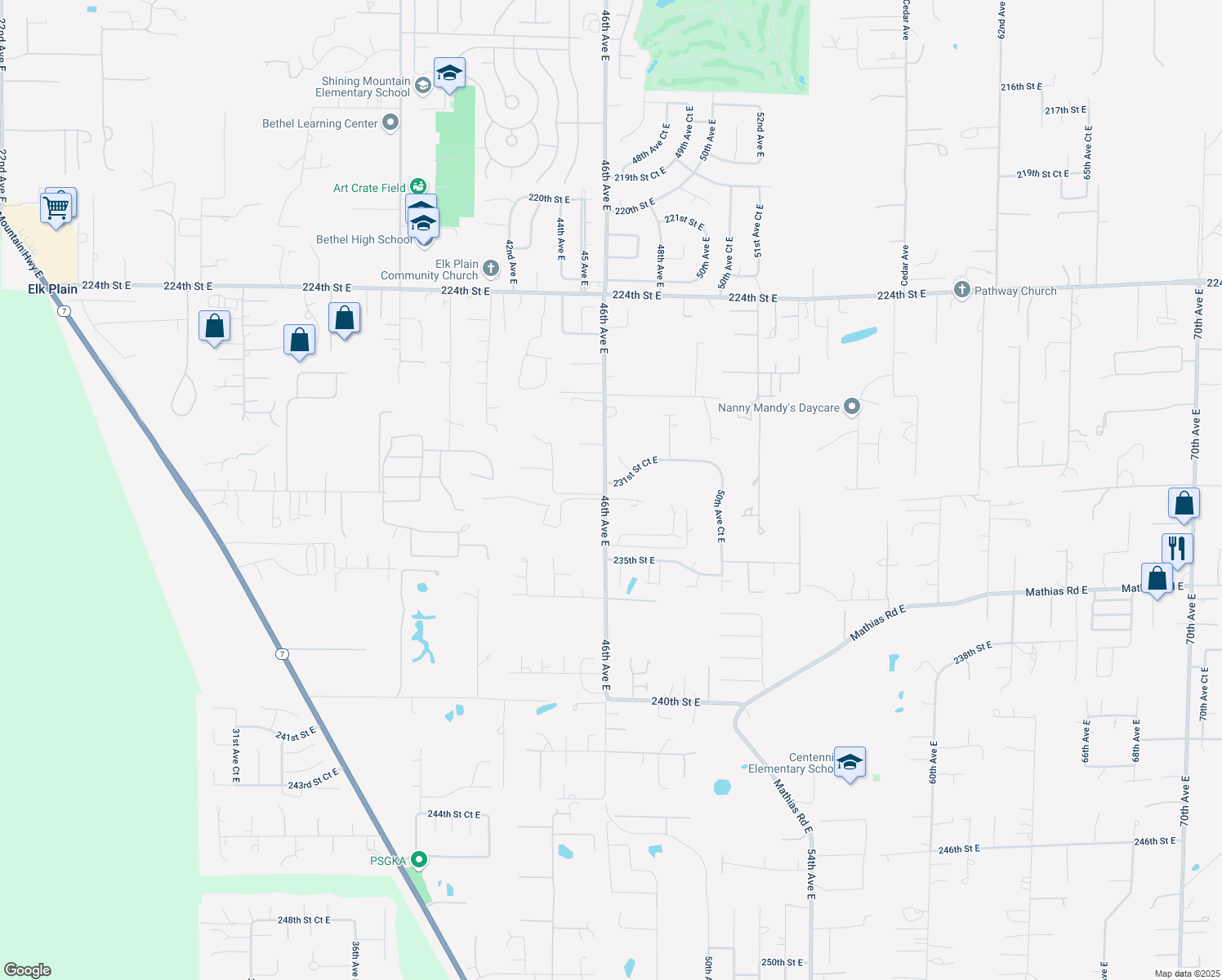 map of restaurants, bars, coffee shops, grocery stores, and more near 4608 231st Street Court East in Spanaway