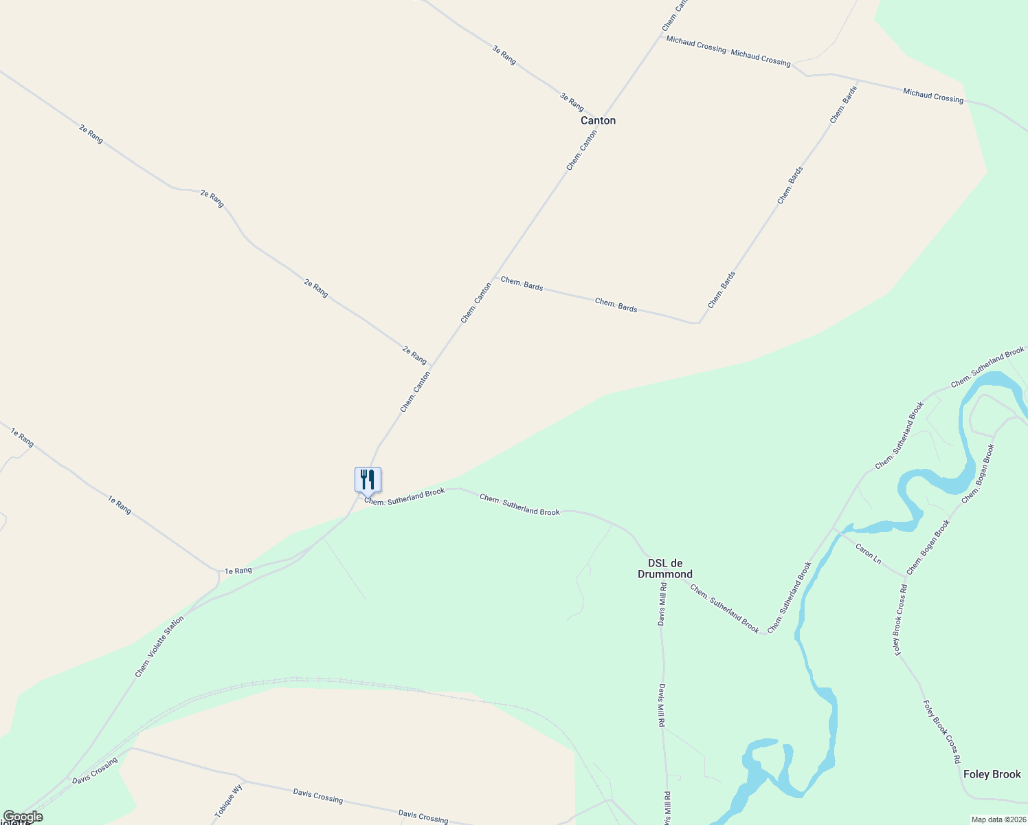 map of restaurants, bars, coffee shops, grocery stores, and more near 82 Chemin Sutherland Brook in DSL de Drummond