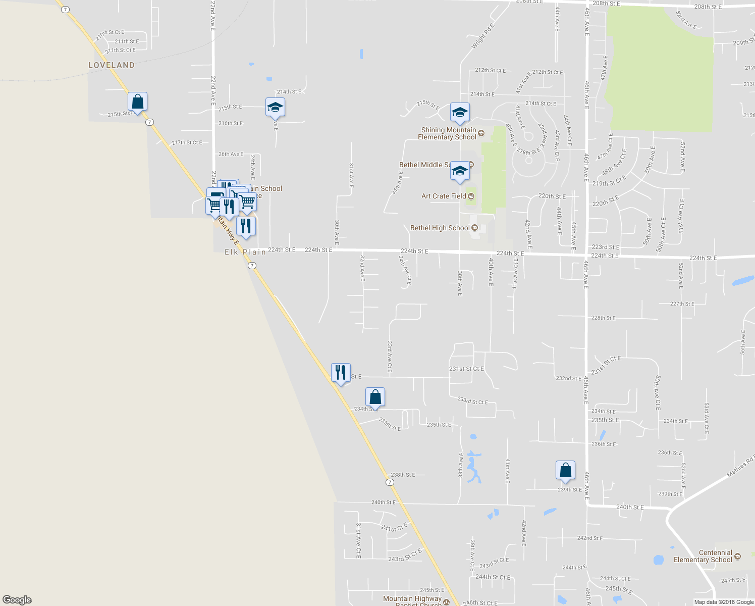 map of restaurants, bars, coffee shops, grocery stores, and more near 22705 32nd Avenue East in Spanaway