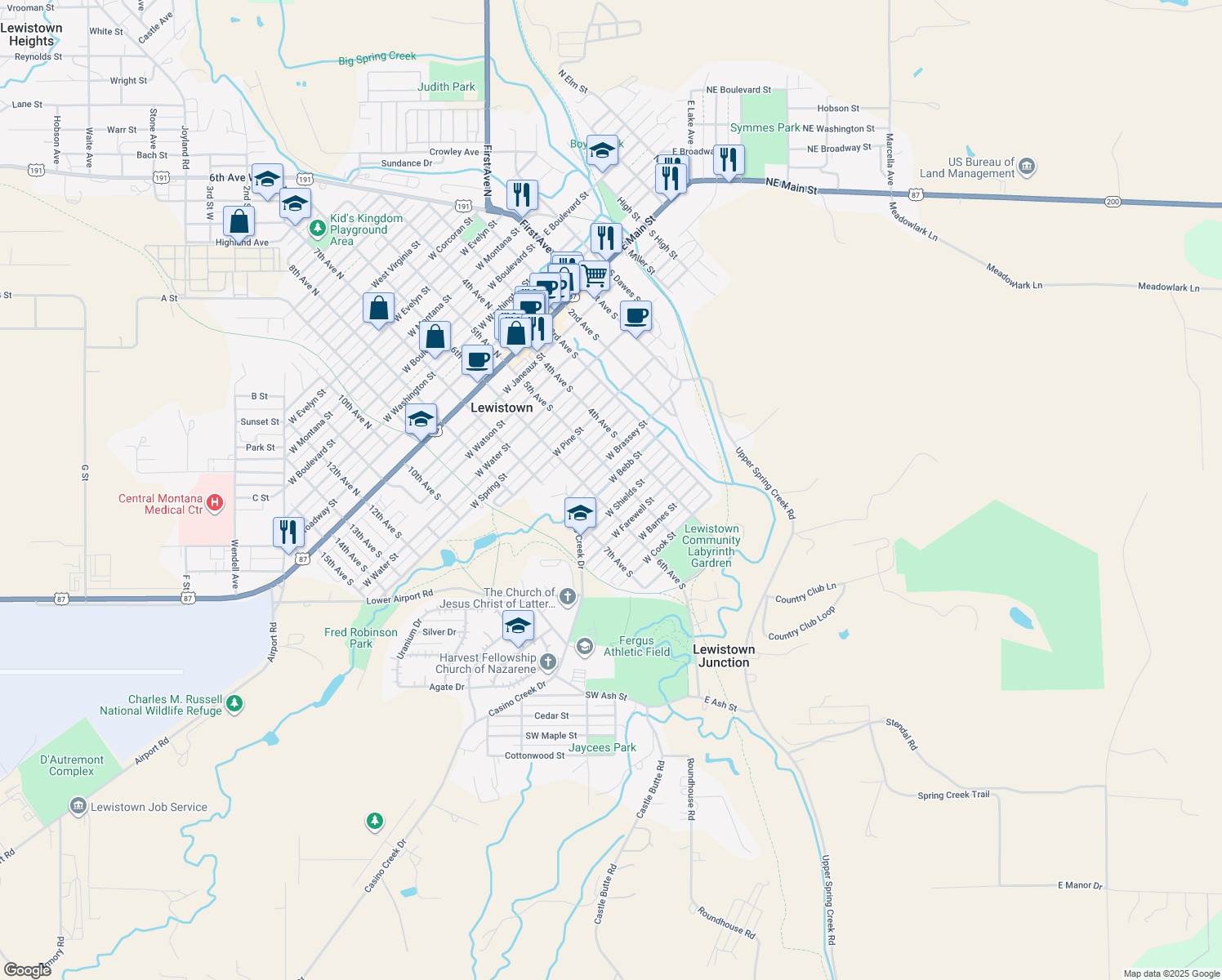 map of restaurants, bars, coffee shops, grocery stores, and more near 511 West Bebb Street in Lewistown