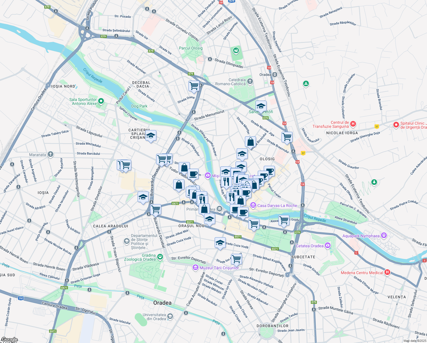 map of restaurants, bars, coffee shops, grocery stores, and more near Strada Emilian Mircea Chitul in Oradea