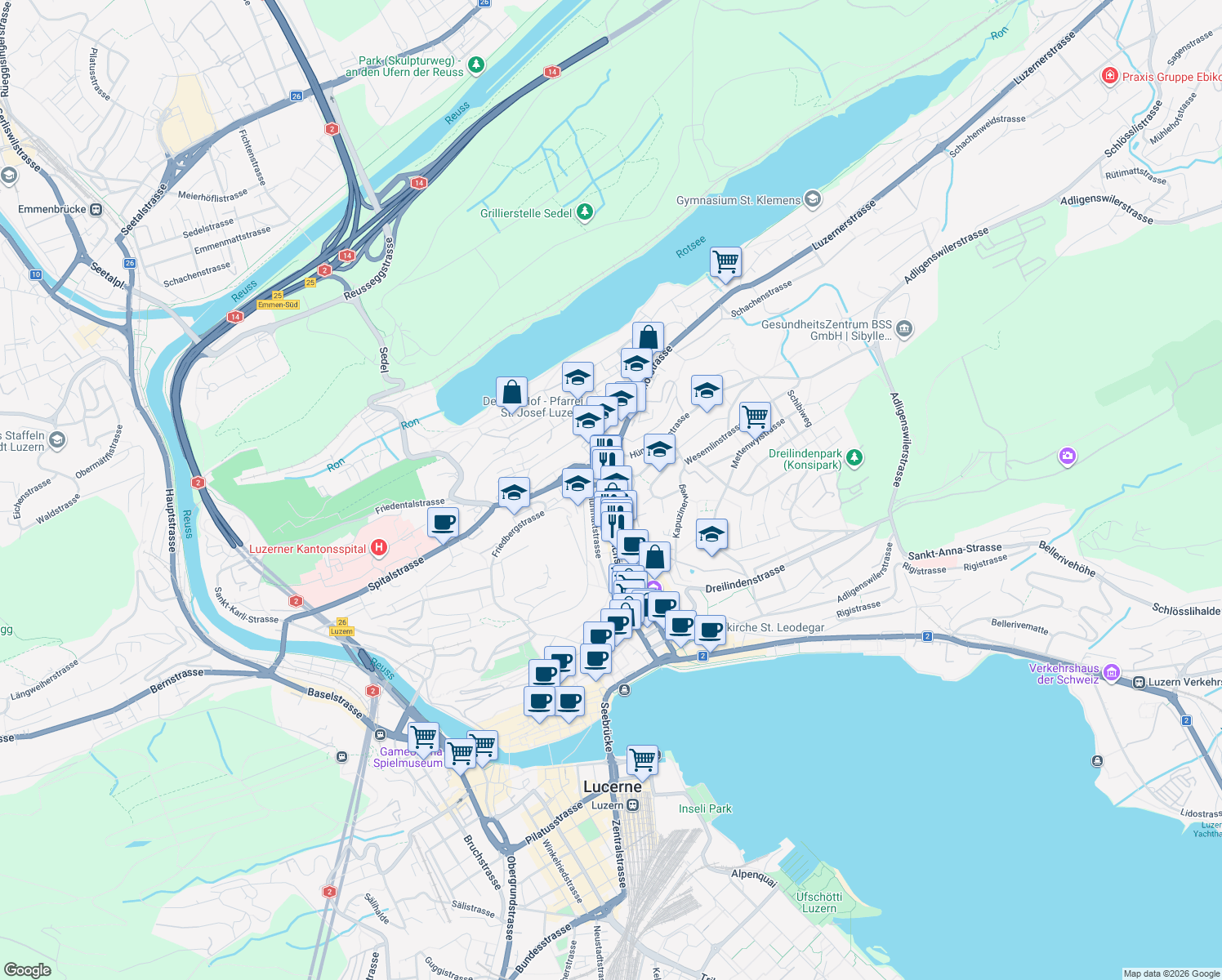 map of restaurants, bars, coffee shops, grocery stores, and more near 66 Zürichstrasse in Luzern