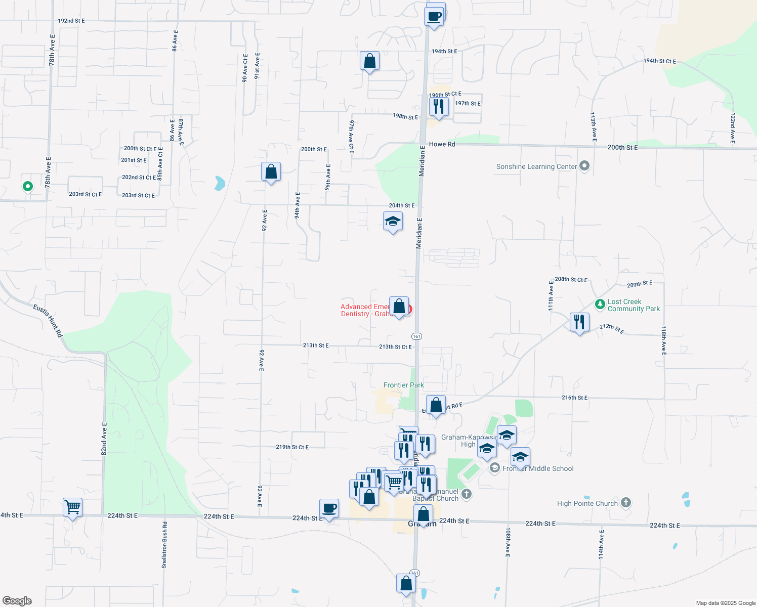 map of restaurants, bars, coffee shops, grocery stores, and more near 21011 99th Avenue East in Graham