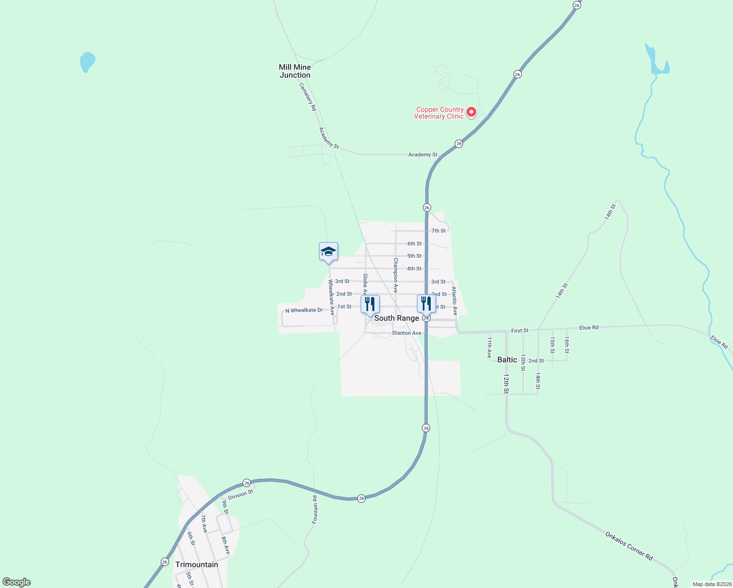 map of restaurants, bars, coffee shops, grocery stores, and more near 56 2nd St in South Range