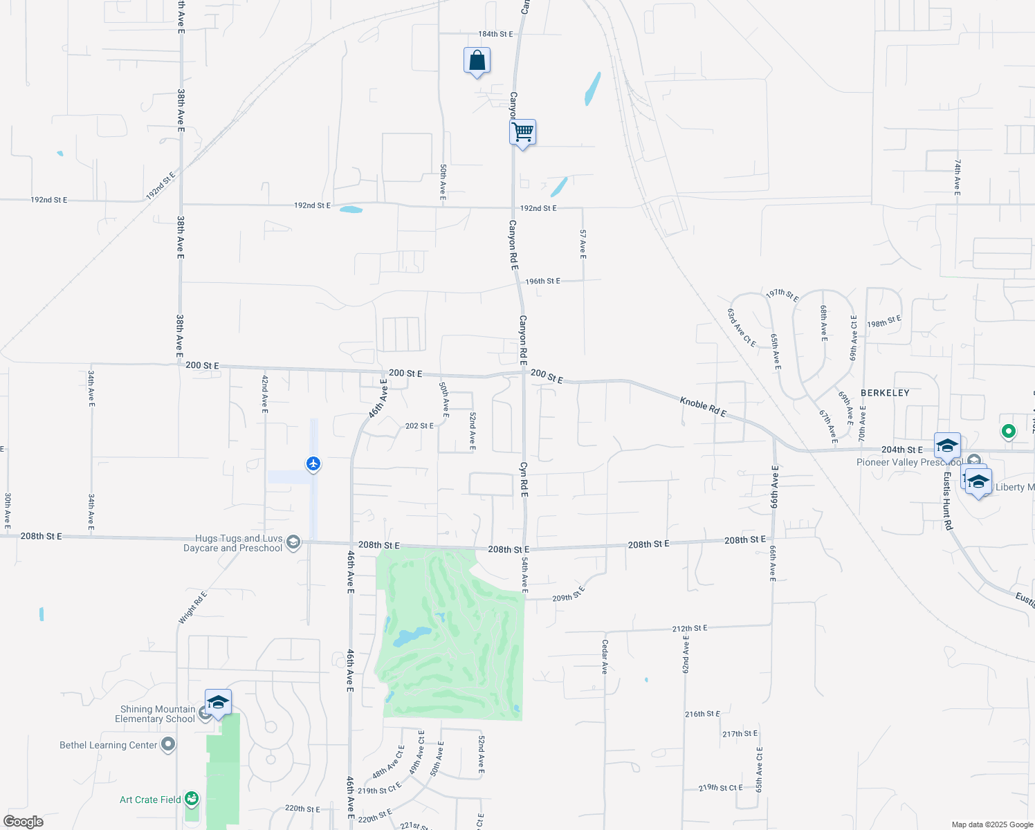 map of restaurants, bars, coffee shops, grocery stores, and more near 20117 53rd Avenue Court East in Spanaway