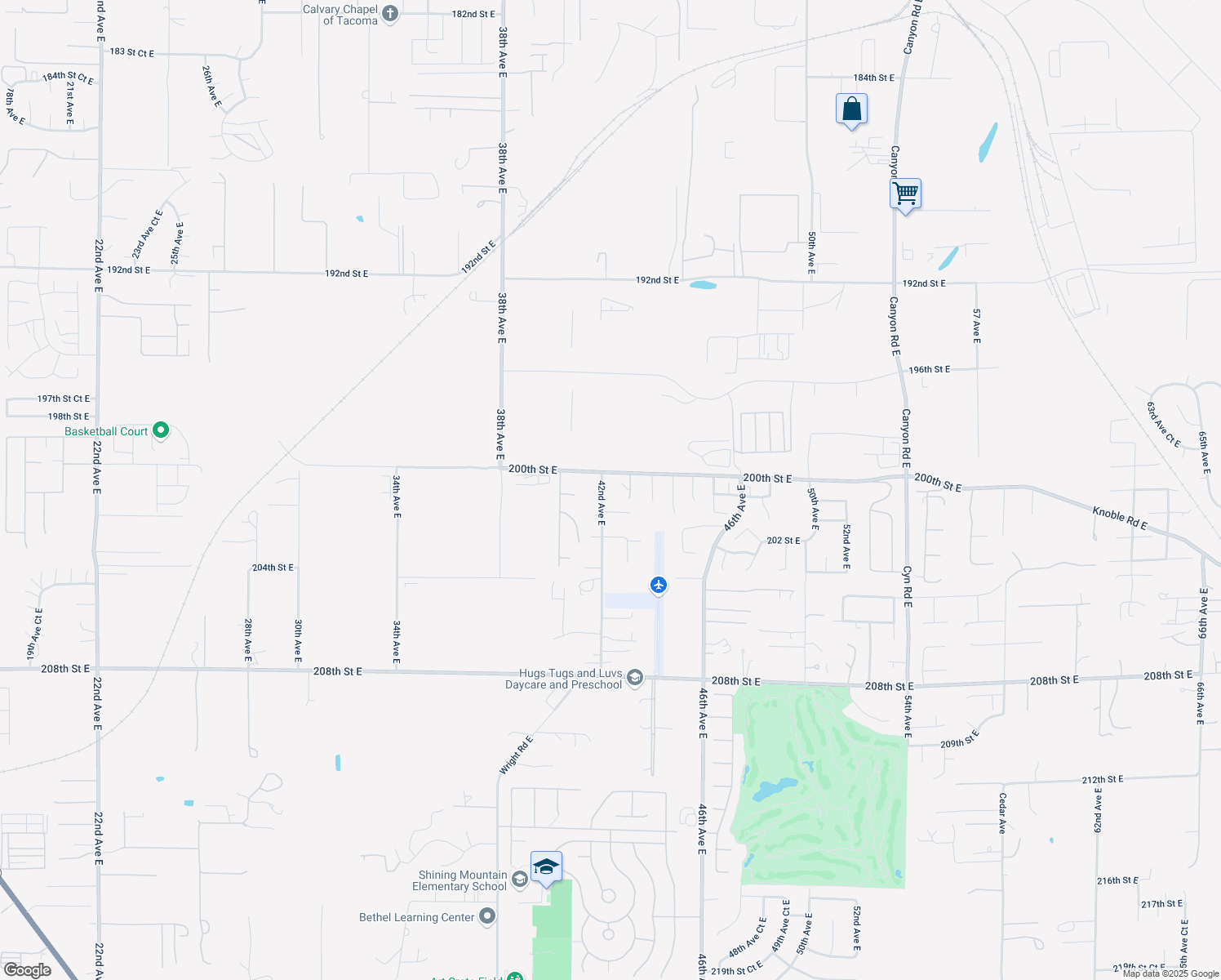 map of restaurants, bars, coffee shops, grocery stores, and more near 20023 42nd Avenue East in Spanaway
