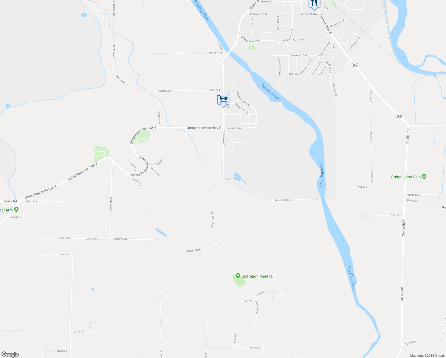 map of restaurants, bars, coffee shops, grocery stores, and more near 12814 Albert Bell Road East in Orting