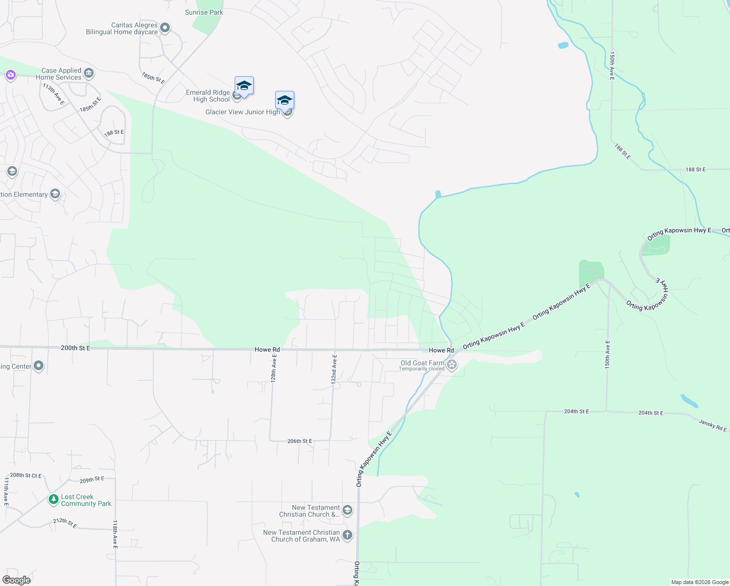 map of restaurants, bars, coffee shops, grocery stores, and more near 19611 133rd Avenue Court East in Graham
