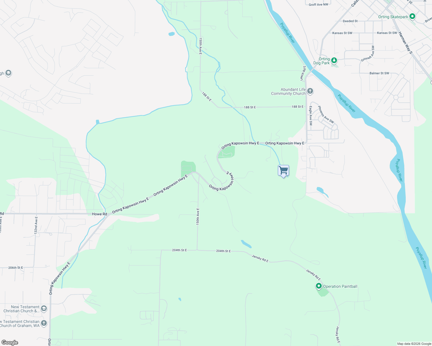 map of restaurants, bars, coffee shops, grocery stores, and more near 19409 Orting Kapowsin Highway East in Orting