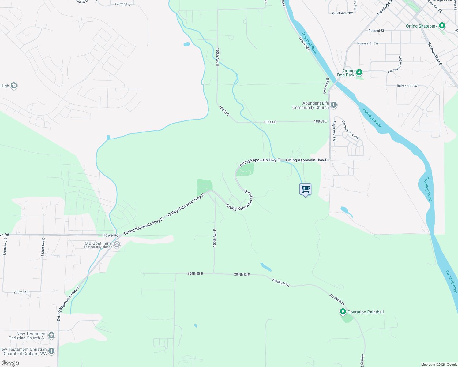 map of restaurants, bars, coffee shops, grocery stores, and more near 15121 197th Street East in Orting