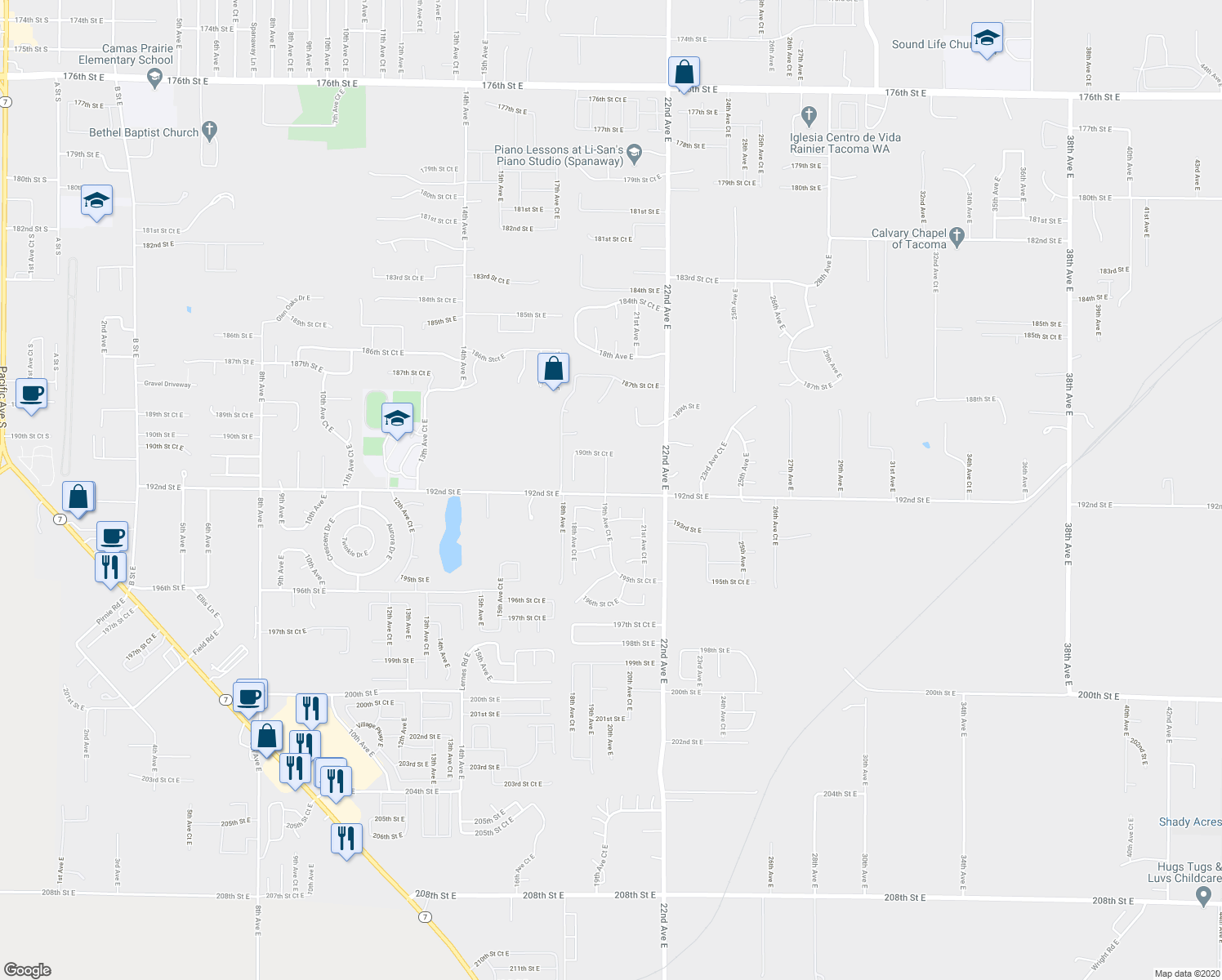 map of restaurants, bars, coffee shops, grocery stores, and more near 19121 19th Avenue Court East in Spanaway