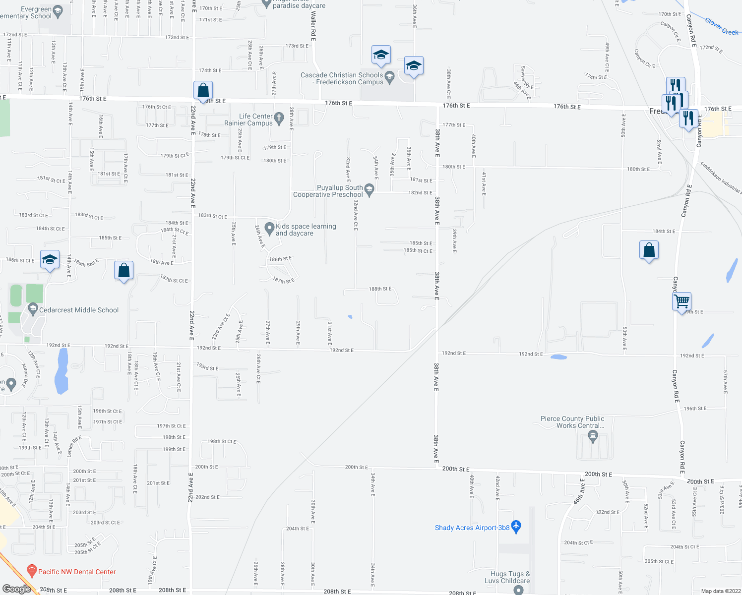 map of restaurants, bars, coffee shops, grocery stores, and more near 18825 34th Avenue East in Tacoma