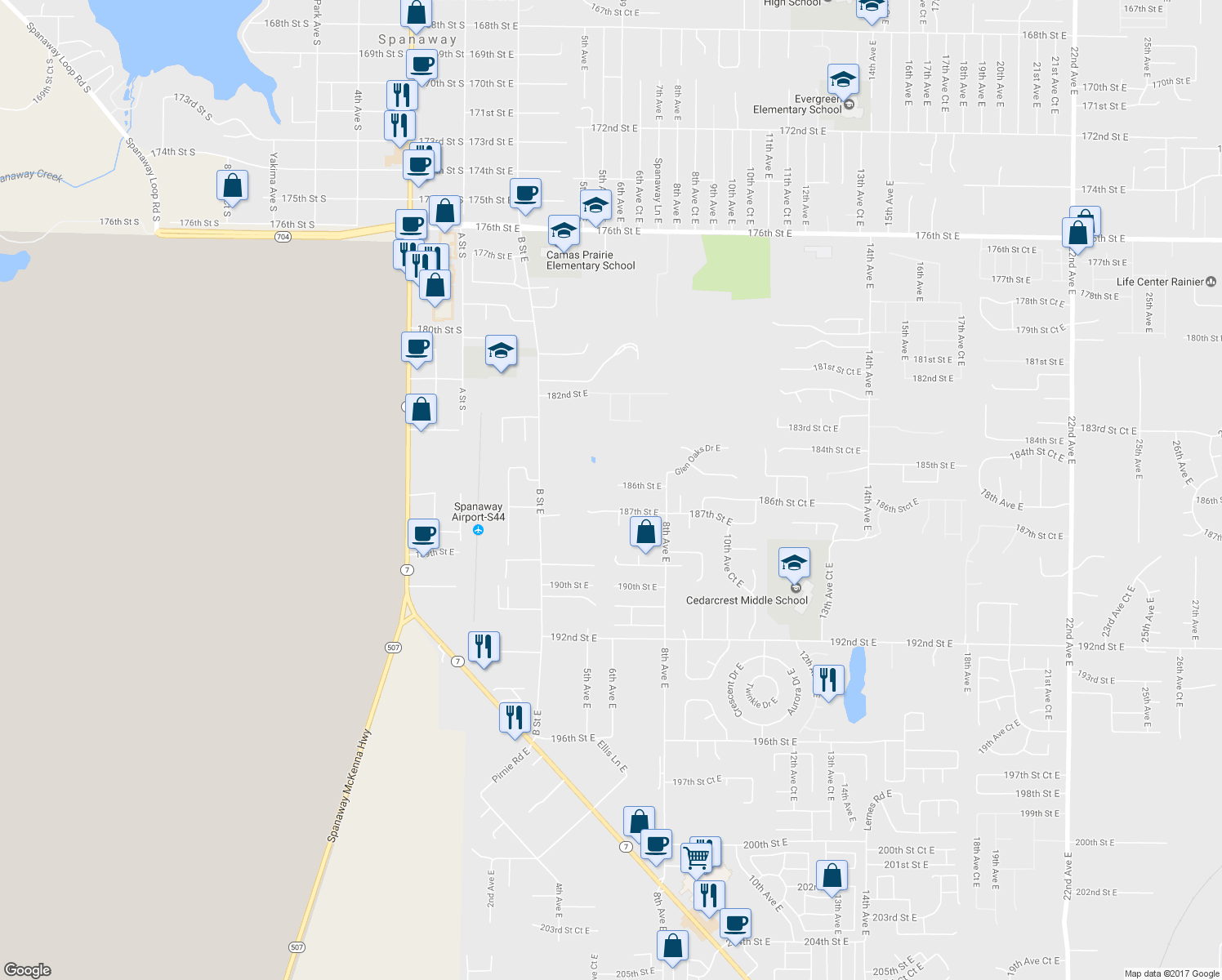 map of restaurants, bars, coffee shops, grocery stores, and more near 520 186th Street East in Spanaway