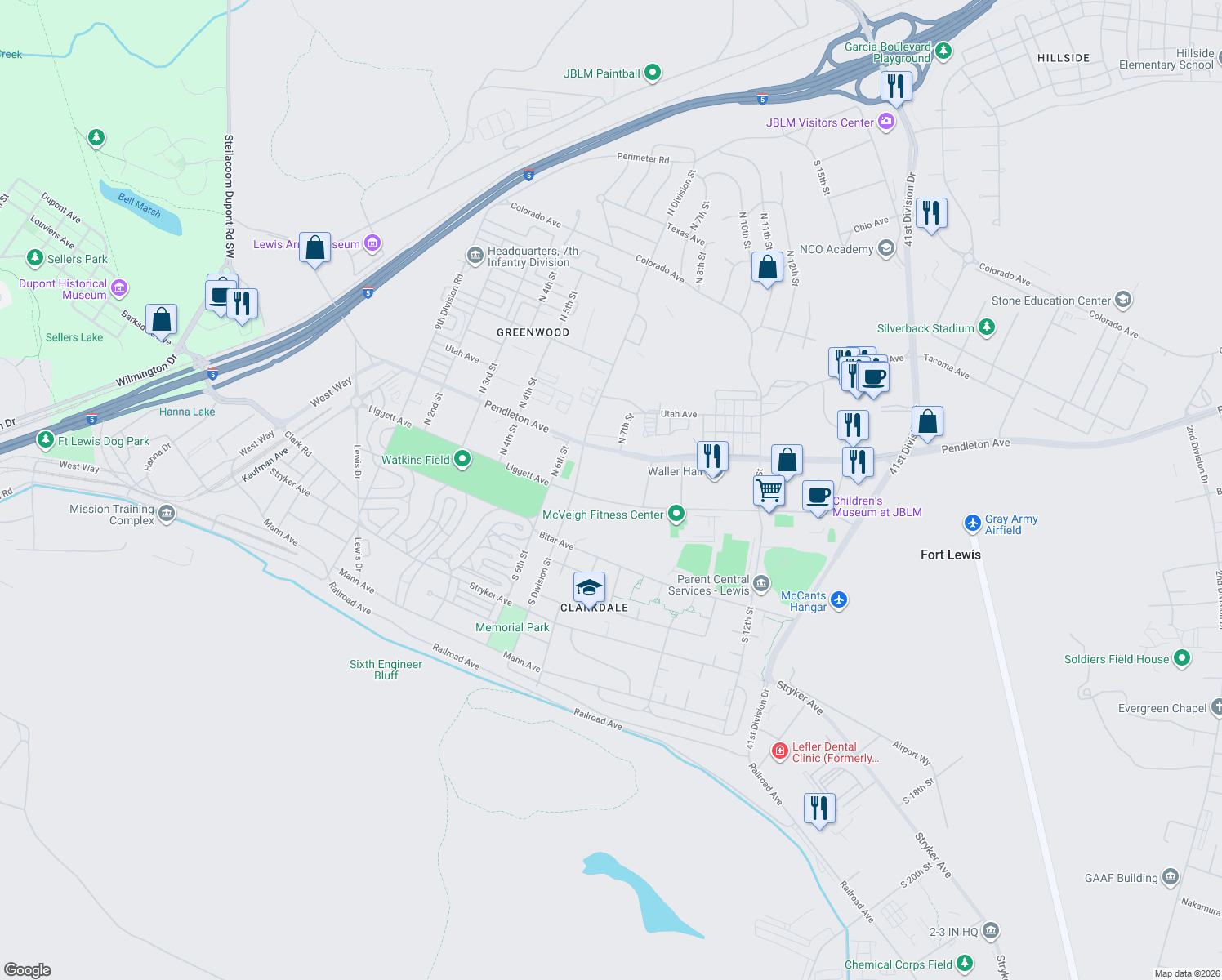 map of restaurants, bars, coffee shops, grocery stores, and more near 2202 Liggett Avenue in Lewis Mcchord