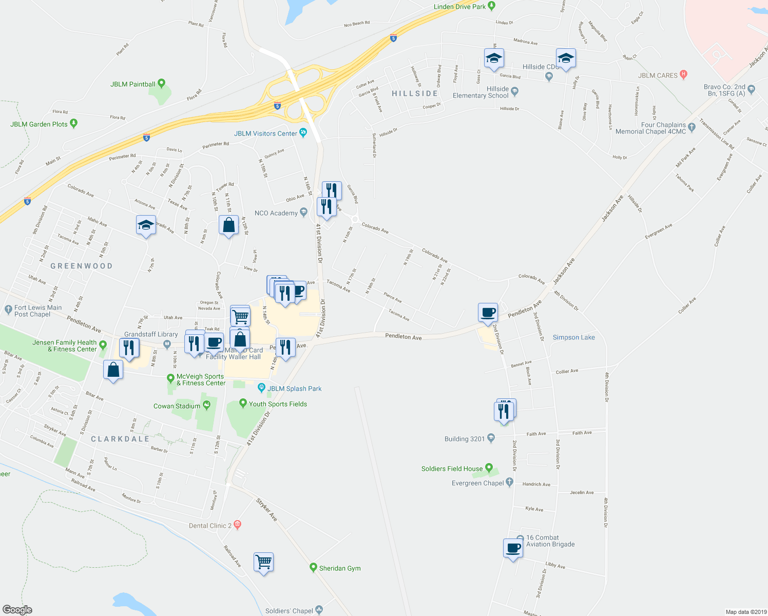 map of restaurants, bars, coffee shops, grocery stores, and more near Tacoma Avenue in Joint Base Lewis-McChord