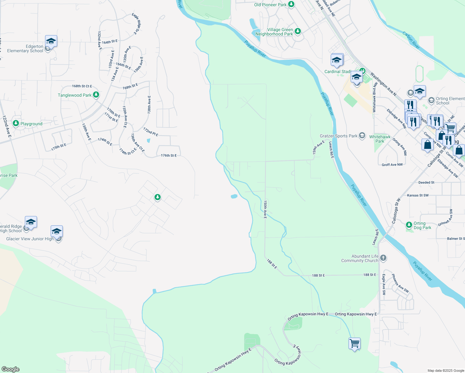 map of restaurants, bars, coffee shops, grocery stores, and more near 17824 150th Avenue East in Orting