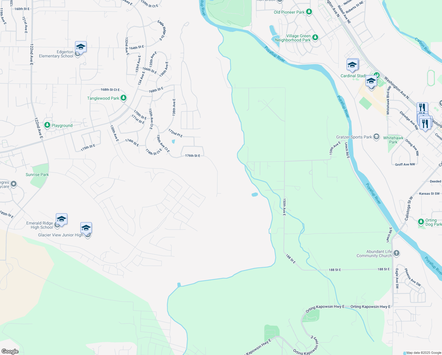 map of restaurants, bars, coffee shops, grocery stores, and more near 17518 146th Avenue East in Orting