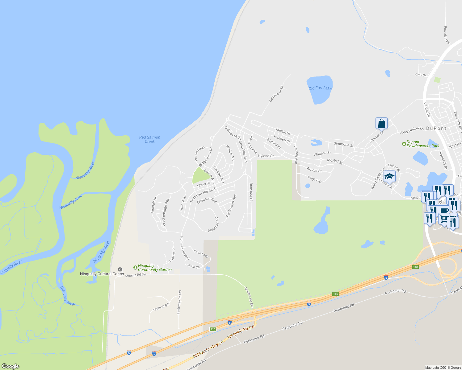 map of restaurants, bars, coffee shops, grocery stores, and more near 3059 Hoffman Hill Boulevard in DuPont