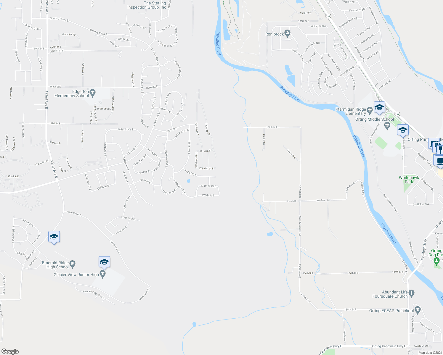 map of restaurants, bars, coffee shops, grocery stores, and more near 14120 172nd Place East in Puyallup