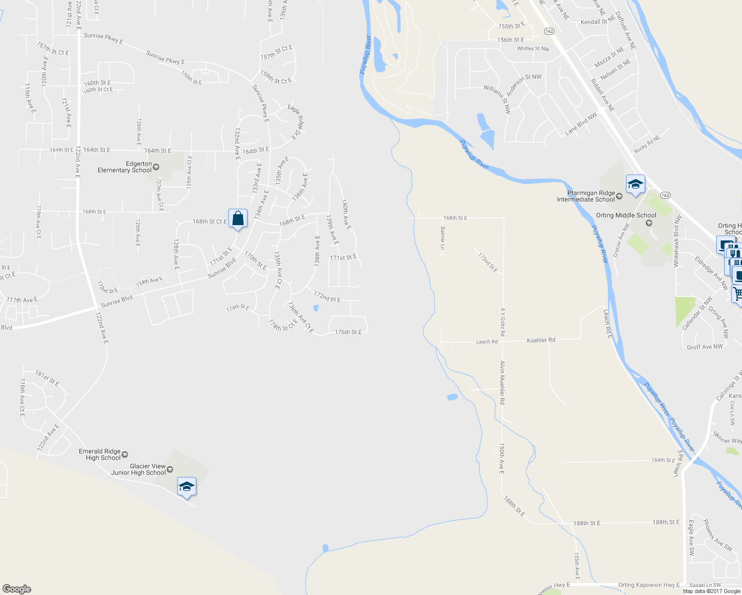 map of restaurants, bars, coffee shops, grocery stores, and more near 14115 172nd Place East in Puyallup