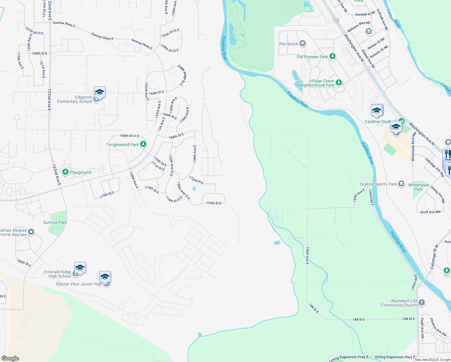 map of restaurants, bars, coffee shops, grocery stores, and more near 14115 172nd Place East in Puyallup