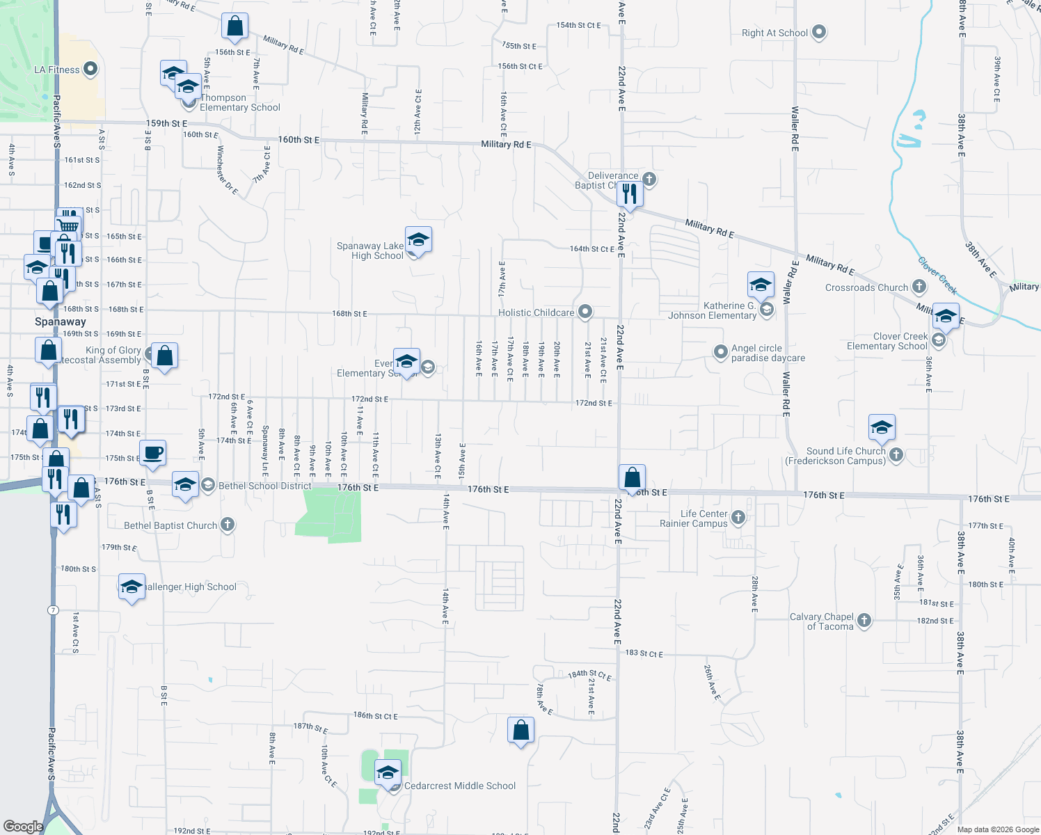map of restaurants, bars, coffee shops, grocery stores, and more near 17215 18th Ave E in Spanaway