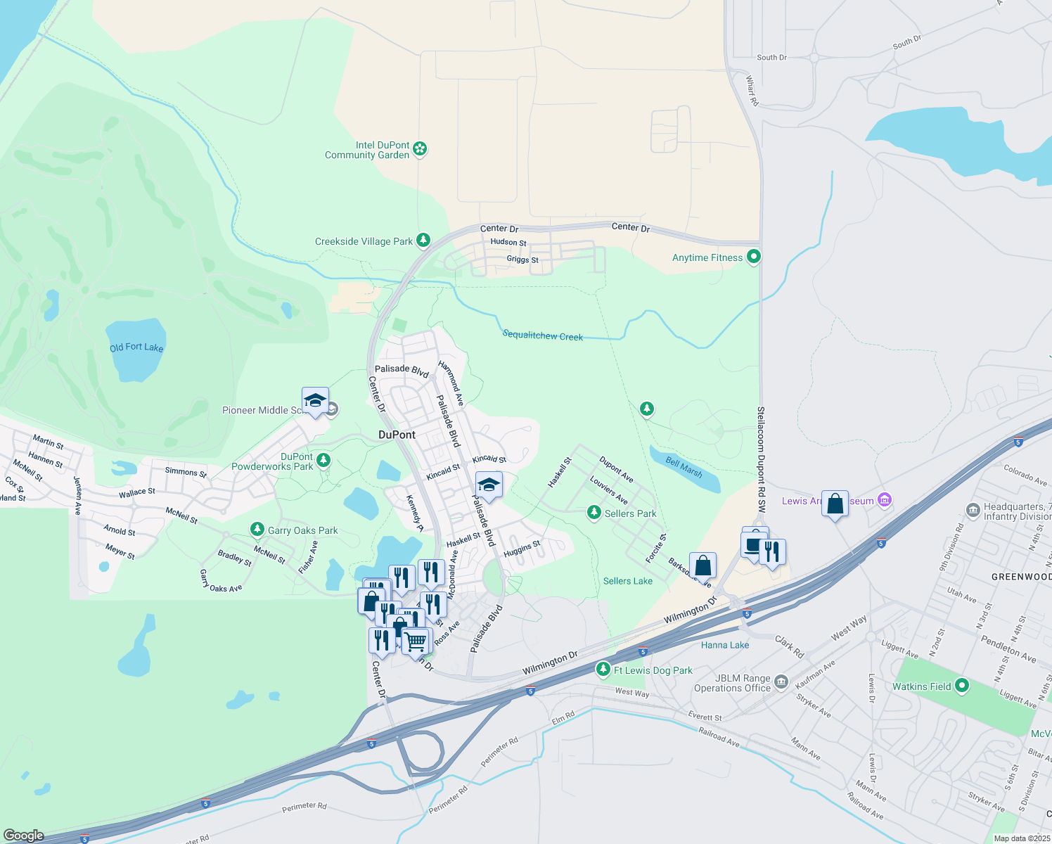 map of restaurants, bars, coffee shops, grocery stores, and more near 1124 Aldrich Place in DuPont