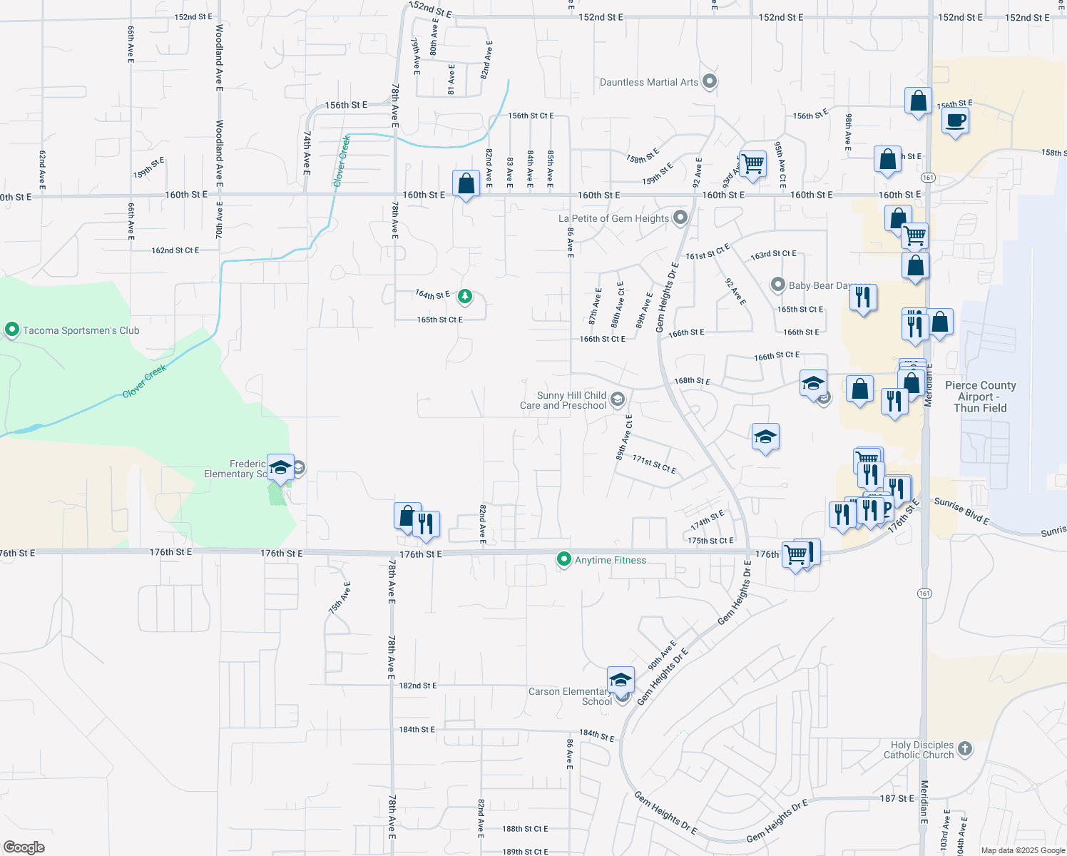 map of restaurants, bars, coffee shops, grocery stores, and more near 17018 84th Avenue Court East in Puyallup
