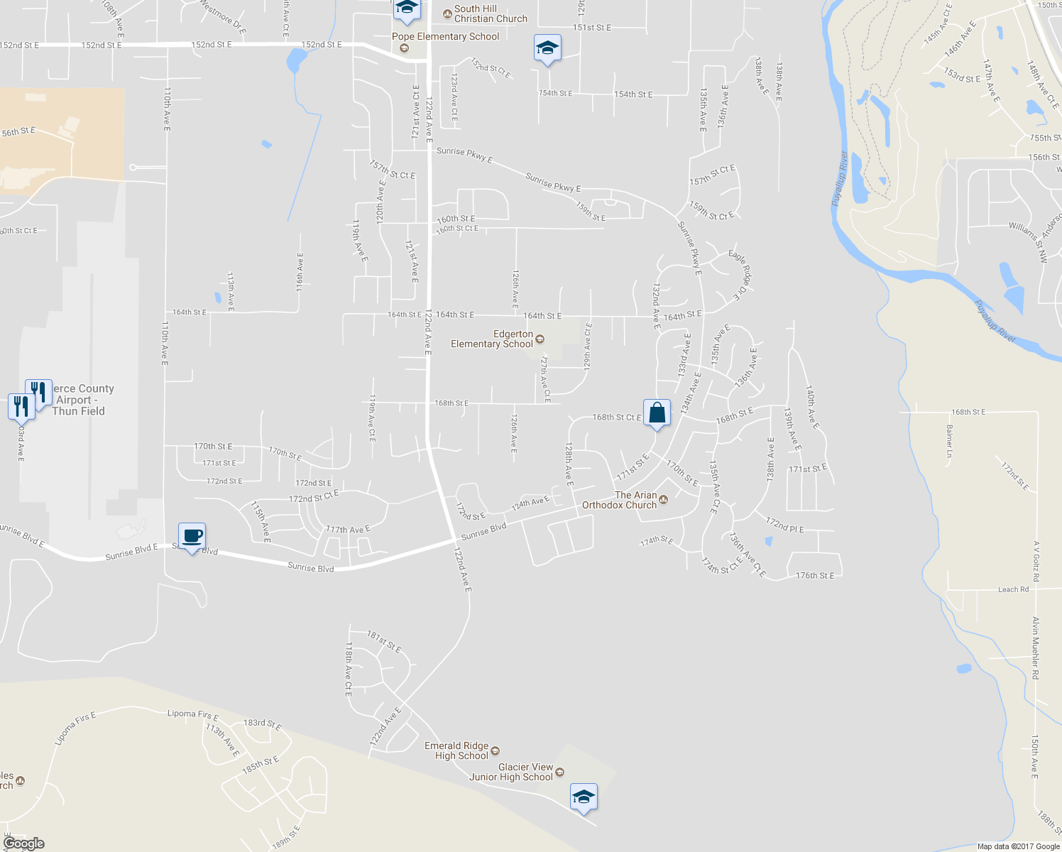 map of restaurants, bars, coffee shops, grocery stores, and more near 16905 126th Avenue East in Puyallup