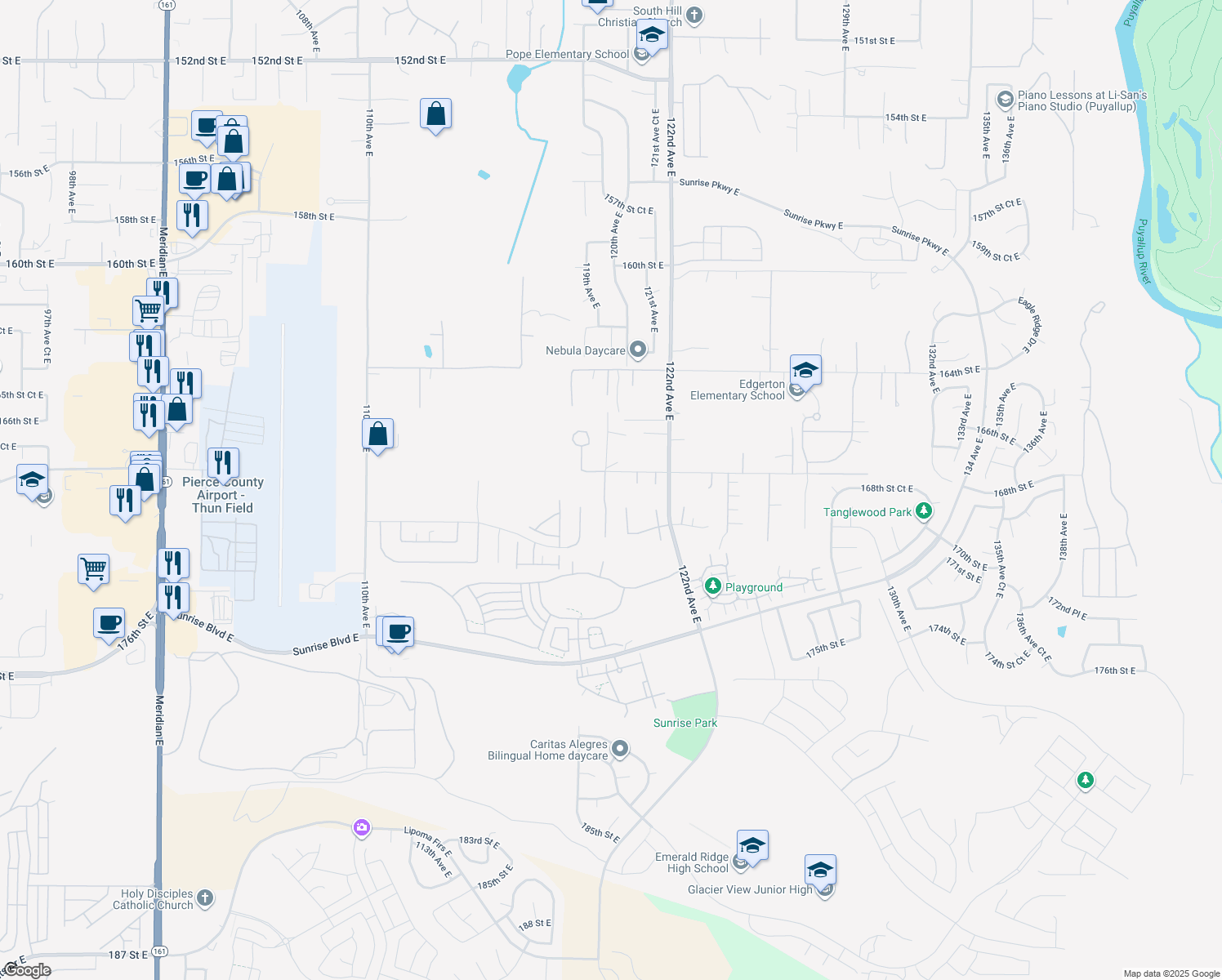 map of restaurants, bars, coffee shops, grocery stores, and more near 16815 119th Avenue Court East in Puyallup