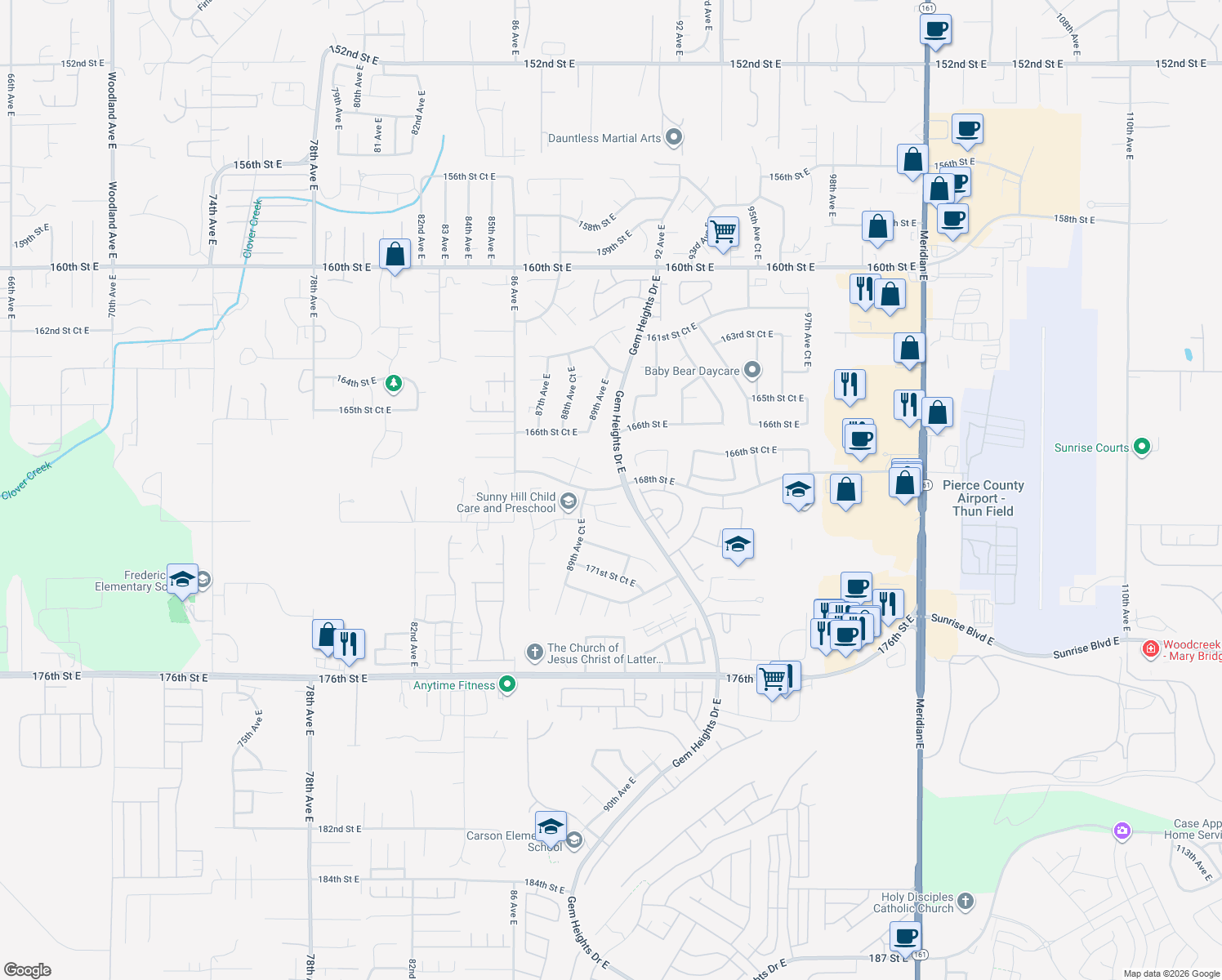 map of restaurants, bars, coffee shops, grocery stores, and more near 8919 168th Street East in Puyallup