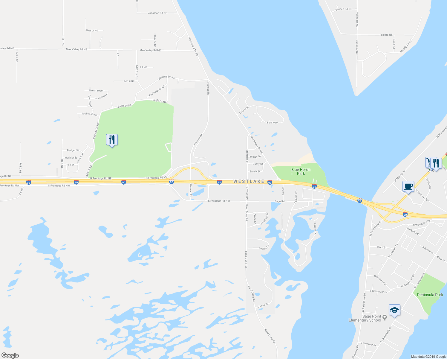 map of restaurants, bars, coffee shops, grocery stores, and more near Westlake Road in Moses Lake