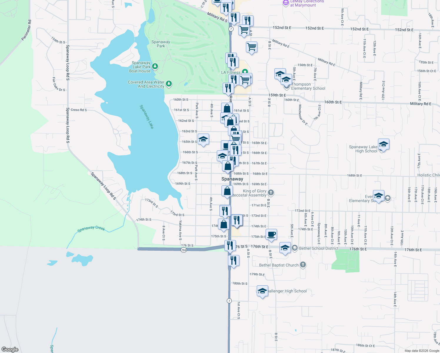 map of restaurants, bars, coffee shops, grocery stores, and more near 226 168th Street South in Spanaway