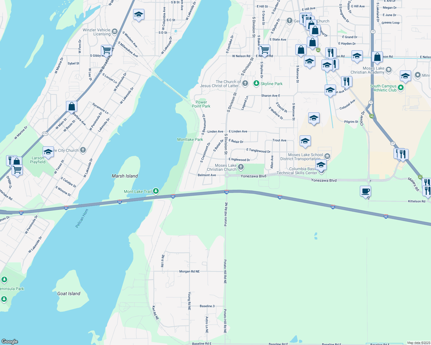 map of restaurants, bars, coffee shops, grocery stores, and more near 120 Belmont Ave in Moses Lake